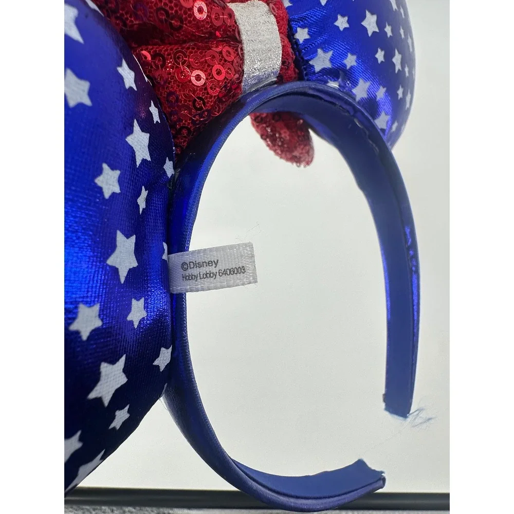 Disney Minnie Mouse Americana Star Ears Red Sequin Bow Headband Patriotic Blue